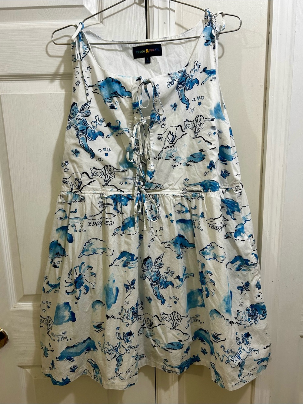 Teddy Fresh Cats & Cherubs Sky Tie Mini Dress Cotton Pockets Artist Design Large
